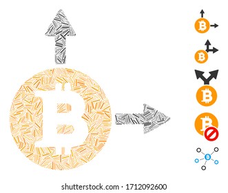 Icono de horquilla bitcoin de mosaico lineal organizado a partir de objetos finos en tamaños variables y tonos de color. Los elementos lineales vectoriales se combinan en la ilustración abstracta icono de horquilla de bitcoin. Se añaden pictogramas bonificados.