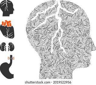 Linear Mosaic Brain Cancer Icon Organized From Narrow Items In Variable Sizes And Color Hues. Line Items Are Organized Into Abstract Vector Composition Brain Cancer Icon. Bonus Icons Are Added.