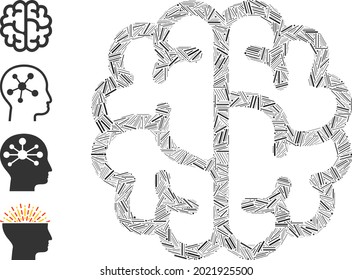 Linear mosaic brain icon united from thin items in various sizes and color hues. Irregular hatch elements are united into abstract vector mosaic brain icon. Bonus pictograms are added.