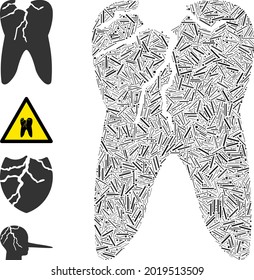 Icono de caries de mosaico lineal organizado a partir de elementos rectos en tamaños variables y tonos de color. Los elementos de línea se unen en el icono abstracto de caries de mosaico vectorial. Se colocan los iconos de bonificación.