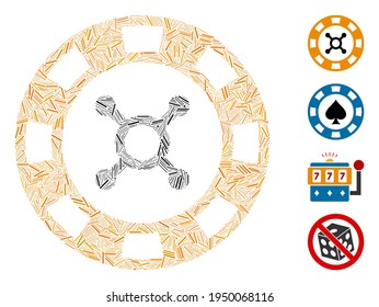 Linear mosaic casino chip icon composed of narrow items in different sizes and color hues. Linear items are united into abstract vector composition casino chip icon. Bonus icons are added.