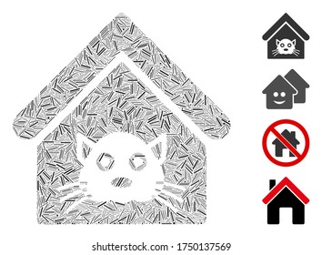 Lineares Mosaik Katzenhaus Symbol aus schmalen Gegenständen in unterschiedlichen Größen und Farbtönen. Lineare Elemente werden zu einem abstrakten Vektorgrafik-Kompositionssymbol für Katzenhäuser kombiniert. Bonuspiktogramme werden hinzugefügt.