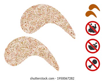 Linear mosaic chicken wings icon composed of straight items in different sizes and color hues. Linear items are grouped into abstract vector collage chicken wings icon. Bonus pictograms are added.