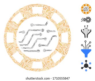 Icono de chip de circuito de mosaico lineal, unido a elementos rectos en tamaños variables y tonos de color. Los elementos de línea de vectores se organizan en un icono abstracto de circuito de mosaico de circuito de casino chip de casino.