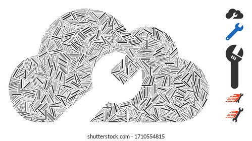 Icono de las herramientas de la llave para nubes de mosaico lineal organizado a partir de objetos finos en tamaños variables y tonos de color. Los elementos lineales vectoriales se componen en un icono de herramientas de llave en nube de mosaico abstracto.