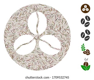 Linear mosaic coffee beans icon constructed from narrow elements in different sizes and color hues. Vector linear elements are united into abstract composition coffee beans icon.