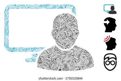 Linear mosaic computer user icon designed from thin elements in random sizes and color hues. Linear elements are arranged into abstract vector mosaic computer user icon. Bonus pictograms are placed.