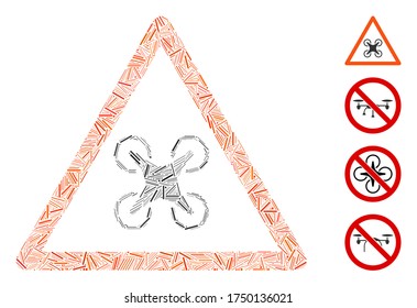 Linear mosaic copter danger icon organized from straight items in random sizes and color hues. Linear elements are organized into abstract vector collage copter danger icon. Bonus icons are added.