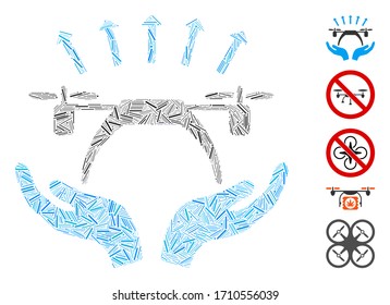 Linear mosaic copter startup icon organized from narrow items in various sizes and color hues. Vector line items are arranged into abstract mosaic copter startup icon. Bonus pictograms are placed.
