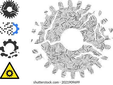 Linear mosaic corrupted gear icon united from narrow items in random sizes and color hues. Irregular hatch parts are united into abstract vector mosaic corrupted gear icon.