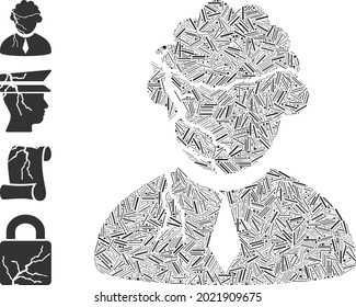 Linear mosaic corrupted judge icon constructed from narrow elements in different sizes and color hues. Lines elements are arranged into abstract vector mosaic corrupted judge icon.
