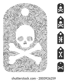 Linear mosaic death sticker icon united from thin items in various sizes and color hues. Vector linear items are united into abstract composition death sticker icon. Bonus icons are added.