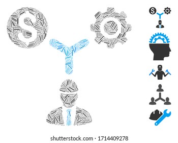 Linear mosaic development relations icon united from straight items in random sizes and color hues. Vector linear elements are united into abstract composition development relations icon.