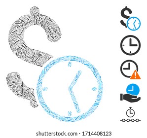 Linear mosaic dollar credit icon designed from narrow items in various sizes and color hues. Vector linear items are arranged into abstract mosaic dollar credit icon. Bonus icons are placed.