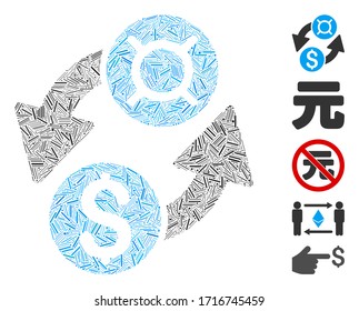 Linear mosaic dollar currency exchange icon organized from narrow elements in various sizes and color hues.