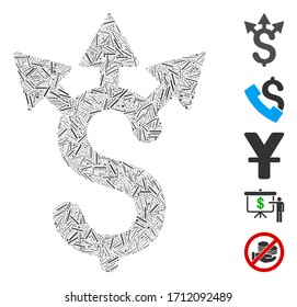 Lineare Mosaik-Dollar-Ausgaben Symbol vereint aus schmalen Posten in unterschiedlichen Größen und Farbtönen. Vektorillustration Luch Elemente sind in abstrakte Komposition Dollar-Ausgaben Symbol vereint. Bonussymbole werden platziert.
