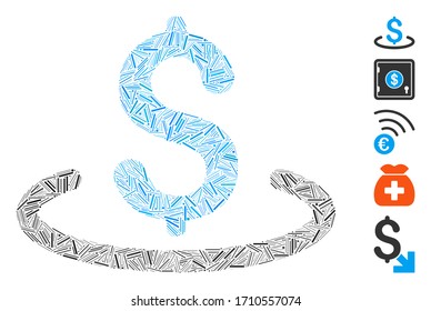 Linear mosaic dollar location icon organized from thin items in various sizes and color hues. Vector linear items are united into abstract illustration dollar location icon. Bonus icons are added.