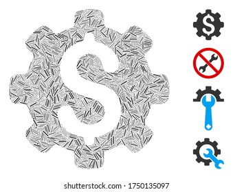 Linear mosaic dollar options icon constructed from straight elements in different sizes and color hues. Linear parts are united into abstract vector mosaic dollar options icon. Bonus icons are placed.