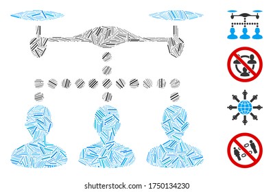 Linear mosaic drone clients connection icon designed from narrow elements in various sizes and color hues. Linear items are combined into abstract vector mosaic drone clients connection icon.