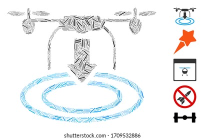 Icono de aterrizaje de drones de mosaico lineal construido a partir de elementos finos en tamaños aleatorios y tonos de color. Los elementos lineales vectoriales se organizan en un icono de desembarque de drones de composición abstracta.