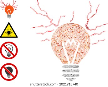 Linear mosaic electric sparks bulb icon united from thin items in variable sizes and color hues. Linear items are arranged into abstract vector mosaic electric sparks bulb icon.