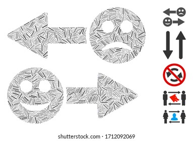 Linear mosaic emotion exchange arrows icon constructed from narrow elements in different sizes and color hues. Vector linear parts are arranged into abstract mosaic emotion exchange arrows icon.