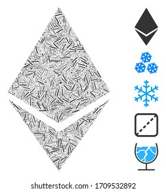 Lineares Mosaik Ätherum Kristall-Icon, entworfen aus schmalen Gegenständen in verschiedenen Größen und Farbtönen. Lineare Elemente der Vektorillustration werden zu einer abstrakten Komposition aus Ätherum-Kristall-Icon kombiniert.