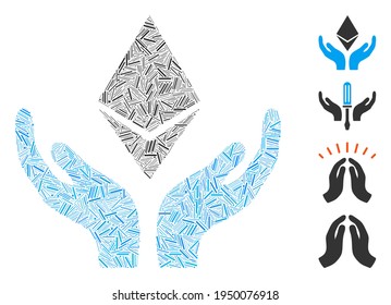Linear mosaic Ethereum maintenance hands icon constructed from narrow items in various sizes and color hues. Line items are combined into abstract vector mosaic Ethereum maintenance hands icon.