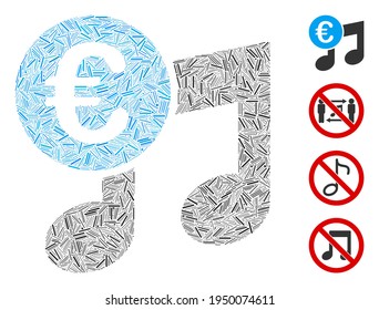 Mosaico lineal Icono de notas de música en euros compuesto de elementos finos de diferentes tamaños y colores. Los elementos lineales se componen en una composición vectorial abstracta Icono de notas de música en euros. Se agregan iconos de bonificación.