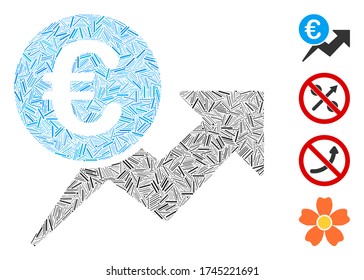 Linear mosaic Euro sales growth icon organized from thin elements in various sizes and color hues. Linear elements are organized into abstract vector mosaic Euro sales growth icon.