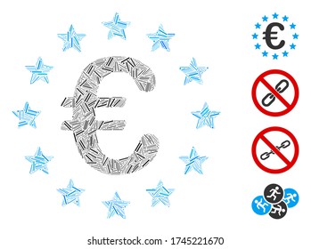 Linear mosaic European union icon united from thin elements in random sizes and color hues. Linear parts are grouped into abstract vector mosaic European union icon. Bonus icons are placed.