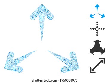 Linear mosaic expand arrows icon constructed from thin elements in various sizes and color hues. Linear elements are organized into abstract vector mosaic expand arrows icon.