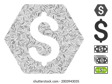 Linear mosaic finance icon composed of narrow elements in variable sizes and color hues. Vector linear items are composed into abstract collage finance icon. Bonus icons are placed.