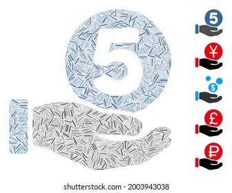 Linear mosaic five cents payment hand icon organized from narrow items in random sizes and color hues. Vector linear items are arranged into abstract collage five cents payment hand icon.
