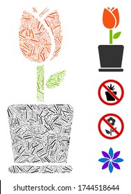Linear mosaic flower pot icon designed from straight items in random sizes and color hues. Linear items are composed into abstract vector composition flower pot icon. Bonus pictograms are placed.