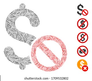 Lineares Mosaik verbotenes Zahlungssymbol aus schmalen Elementen in verschiedenen Größen und Farbtönen. Lineare Elemente der Vektorillustration werden in ein abstraktes Mosaik-Symbol für verbotene Zahlungen gruppiert.