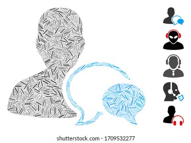 Linear mosaic forum moderator icon united from thin items in various sizes and color hues. Vector linear items are combined into abstract composition forum moderator icon. Bonus pictograms are added.