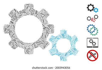 Lineares Mosaikgetriebe-Symbol, bestehend aus dünnen Elementen in verschiedenen Größen und Farbtönen. Lineare Vektorgrafik-Elemente werden in ein abstraktes Symbol für Illustrationsgeräte eingeteilt. Bonussymbole werden platziert.