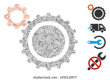 Lineares Mosaikgetriebe Symbol aus schmalen Gegenständen in verschiedenen Größen und Farbtönen. Lineare Elemente werden in abstraktes Vektorgrafik-Zahnräder-Symbol zusammengesetzt. Bonuspiktogramme werden hinzugefügt.