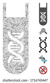 Linear mosaic genetic analysis test-tube icon constructed from straight items in various sizes and color hues. Vector linear items are arranged into abstract mosaic genetic analysis test-tube icon.