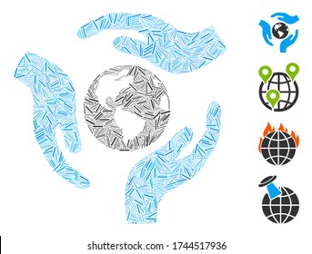 Linear mosaic global care icon constructed from thin items in various sizes and color hues. Linear items are organized into abstract vector mosaic global care icon. Bonus pictograms are placed.
