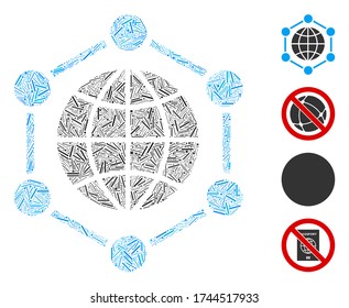 Linear mosaic global frame icon designed from narrow elements in variable sizes and color hues. Linear items are arranged into abstract vector mosaic global frame icon. Bonus icons are added.