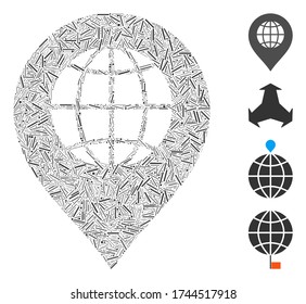 Linear mosaic globe marker icon constructed from thin items in different sizes and color hues. Linear items are combined into abstract vector mosaic globe marker icon. Bonus pictograms are placed.