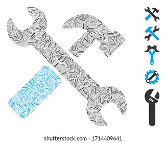 Linear mosaic hammer and wrench icon united from narrow elements in random sizes and color hues. Vector linear elements are arranged into abstract mosaic hammer and wrench icon.