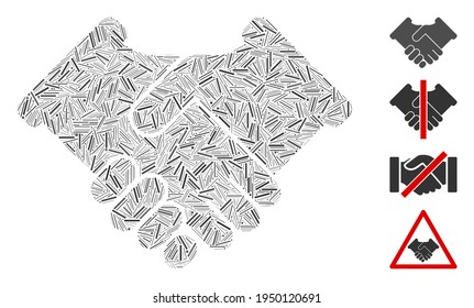 Linear mosaic handshake icon organized from narrow elements in different sizes and color hues. Line elements are arranged into abstract vector mosaic handshake icon. Bonus pictograms are added.