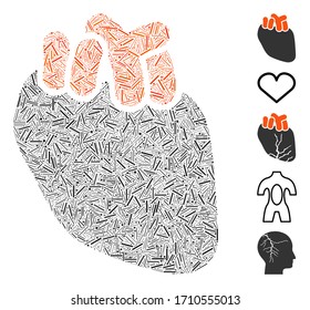 Linear mosaic heart organ icon designed from thin items in different sizes and color hues. Vector linear items are grouped into abstract illustration heart organ icon. Bonus icons are added.