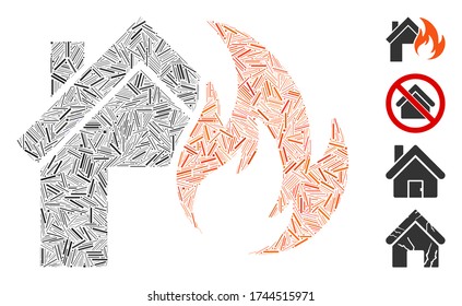 Linear mosaic home fire disaster icon constructed from thin items in random sizes and color hues. Linear items are composed into abstract vector mosaic home fire disaster icon.