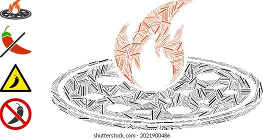 Linear mosaic hot pizza icon organized from narrow elements in different sizes and color hues. Linear items are organized into abstract vector illustration hot pizza icon. Bonus pictograms are added.