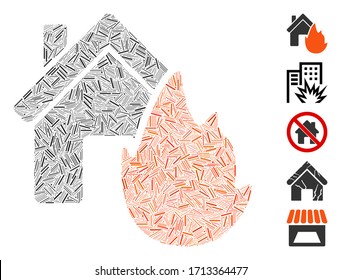Lineares Mosaikfeuer-Desaster-Symbol aus dünnen Gegenständen in verschiedenen Größen und Farbtönen. Vektorillustration Luke Artikel sind in abstrakte Komposition Haus Brandkatastrophe Ikone organisiert.