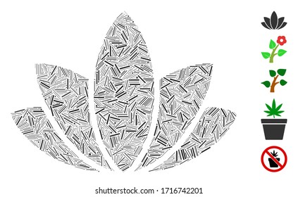 Linear mosaic lotus flower icon composed of straight items in different sizes and color hues. Vector linear parts are composed into abstract illustration lotus flower icon. Bonus pictograms are added.